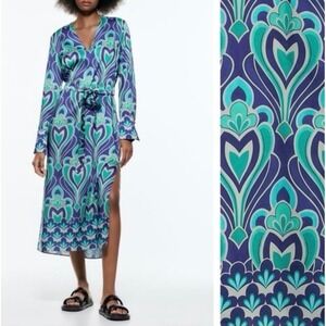 Zara Blue Green Geometric Satin V Midi Dress Long Sleeve s retro boho resort y2k